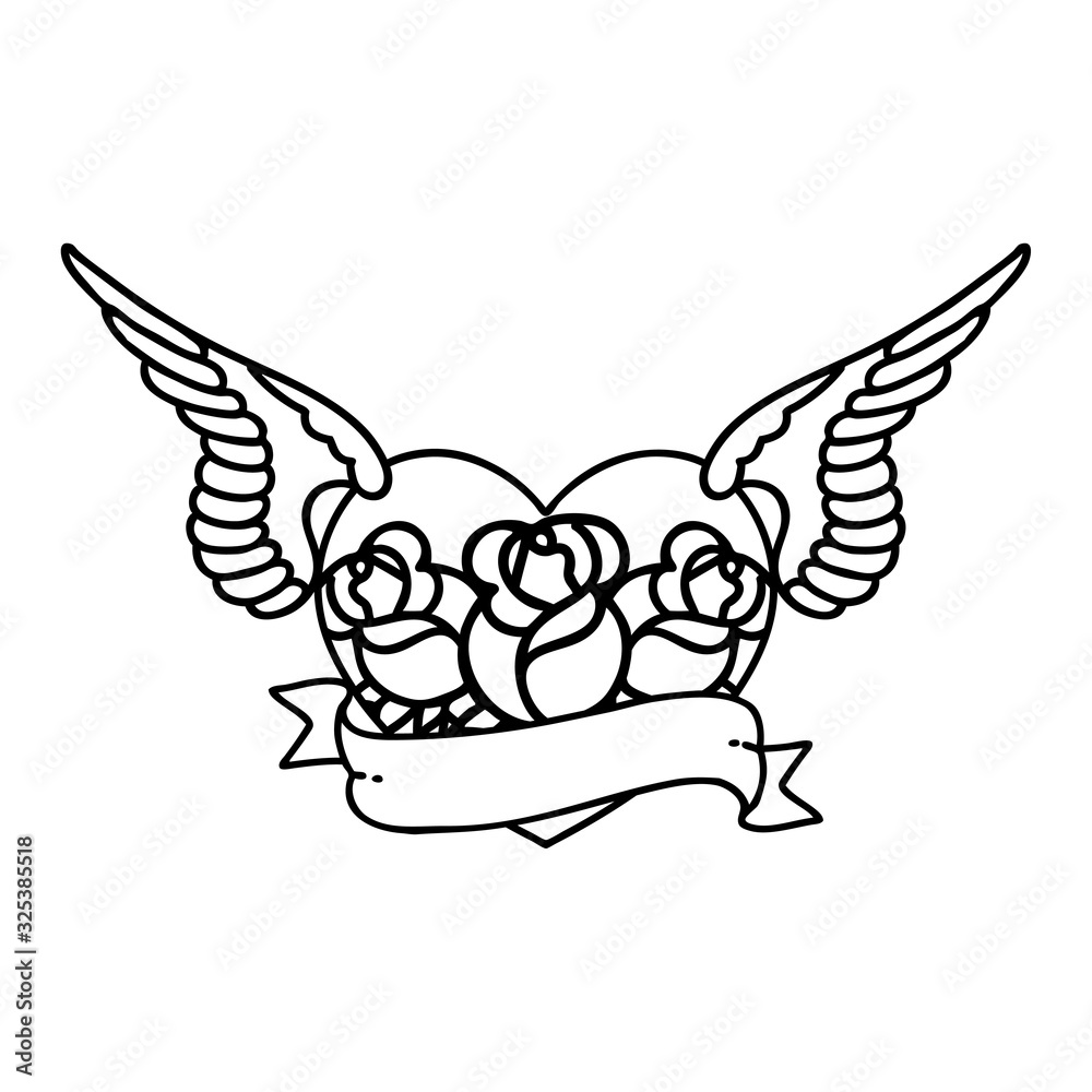 Fototapeta premium black line tattoo of a flying heart with flowers and banner