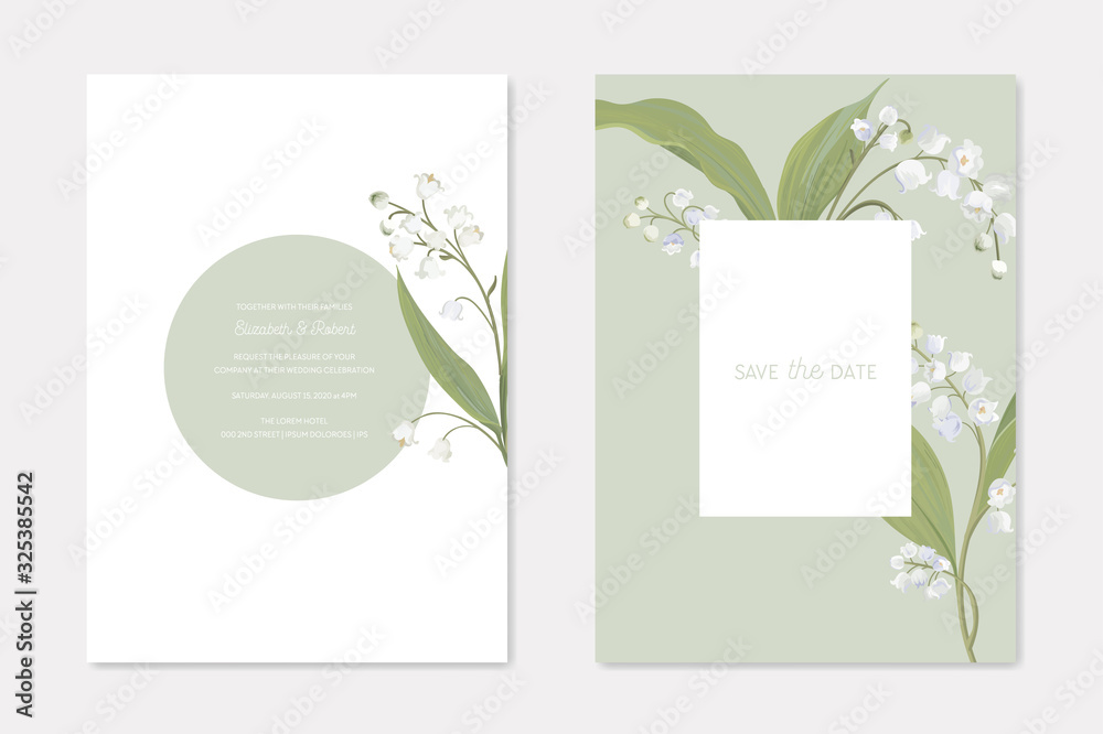 Wedding Invitation Cards with Floral Design Set. White Lily of the Valley Flowers on Stem with Leaves Decoration. Romantic Frame with Greenery, Save the Date Postcard Template Vector Illustration