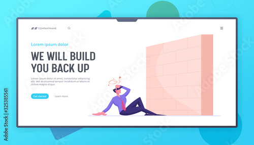 Business Obstacle and Barrier Website Landing Page. Businessman Sit on Ground with Dizzy Head at High Brick Wall Face Difficulty on Way to Success Web Page Banner. Cartoon Flat Vector Illustration