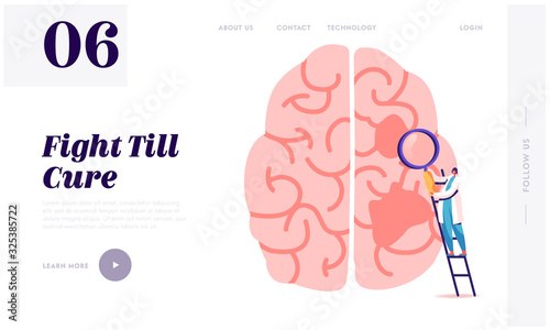 Alzheimer and Dementia Disease Symptoms, Memory Loss Problem Website Landing Page. Doctor Stand on Ladder with Zoom Learn Huge Human Brain with Holes Web Page Banner. Cartoon Flat Vector Illustration photo