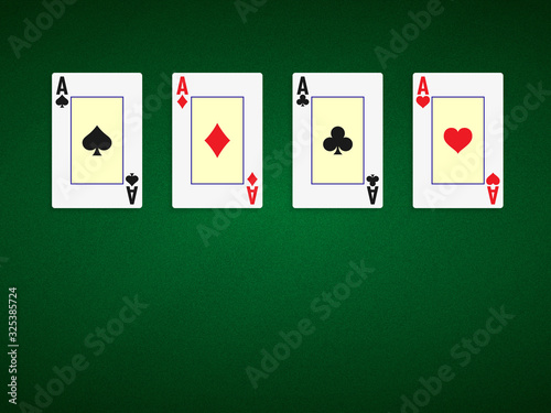 Poker table background in green color with four aces. Vector illustration.