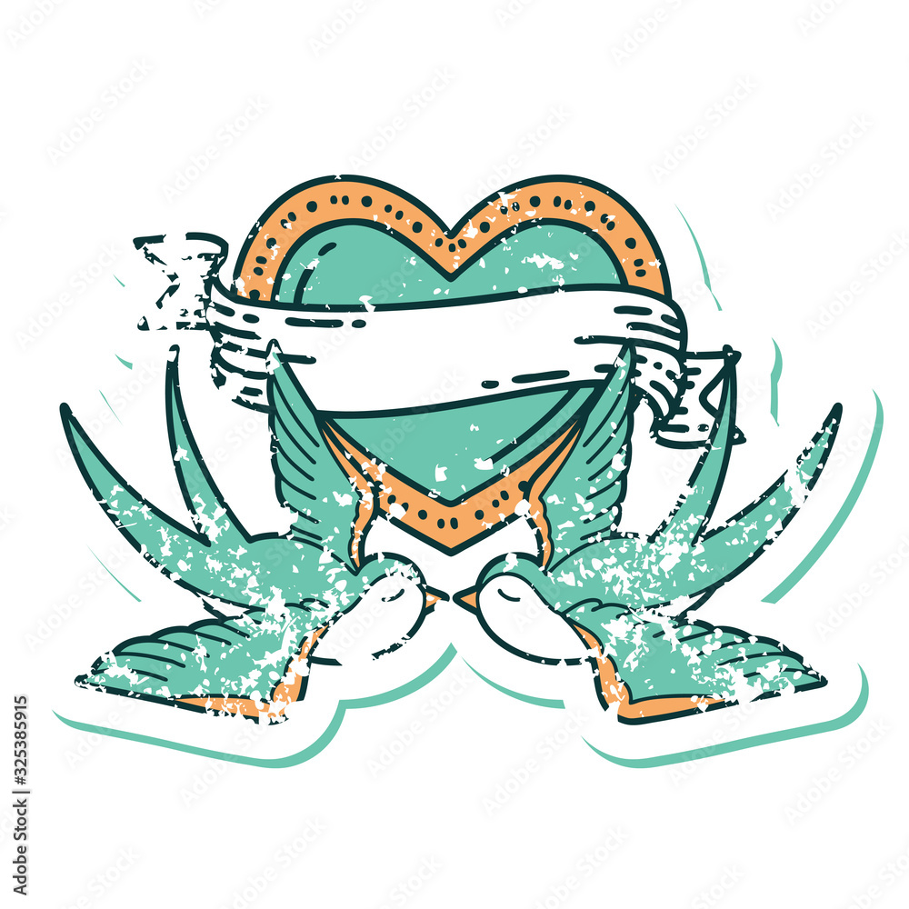 Fototapeta premium distressed sticker tattoo style icon of a swallows and a heart with banner