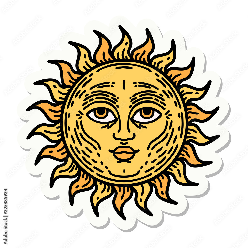 tattoo style sticker of a sun with face