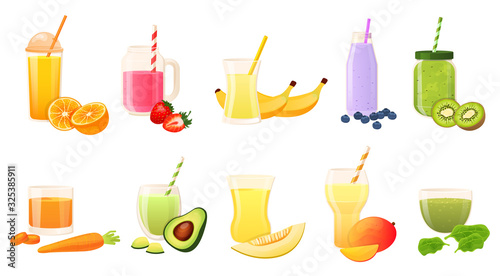 Smoothie isolated on white  set of glasses with fresh juice  fruit and vegetable drink  vector illustration. Summer cafe menu  refreshing beverage from juicy berries. Healthy organic smoothie in glass