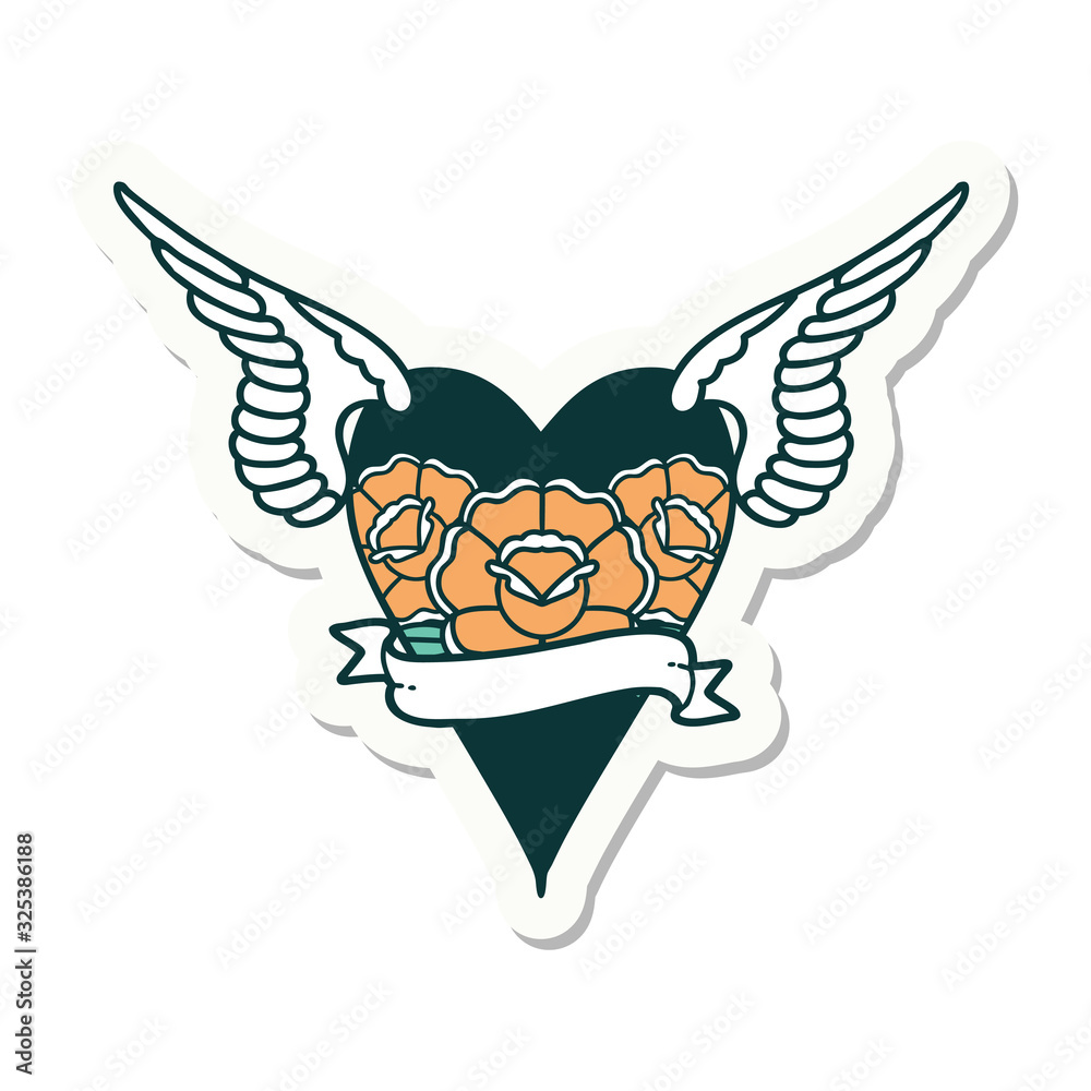 tattoo style sticker of a flying heart with flowers and banner tattoo style sticker of a flying heart with flowers and banner