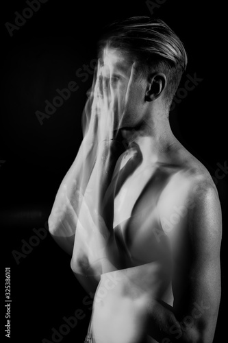love is blindness. naked torso young handsome man. Creative emotional black and white portrait series with long exposure original technique. rebel suffering. 
