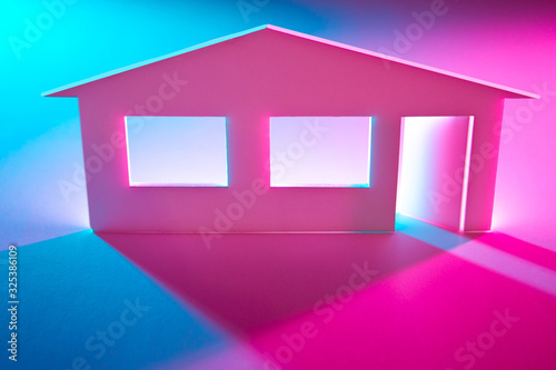 Fragment of a house on a pink and blue background. Apartment. Development of the design project of the cottage for a particular owner. Taking into account all the wishes of the owner of the apartment