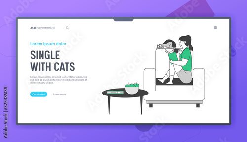 Reading Books Hobby Website Landing Page. Young Woman Sitting on Cozy Armchair at Home Read Interesting Book with Cat Sleeping beside World Web Page Banner. Cartoon Flat Vector Illustration, Line Art