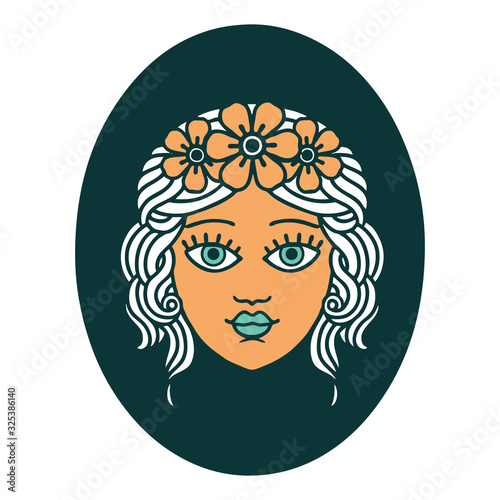 tattoo style icon of a maiden with crown of flowers