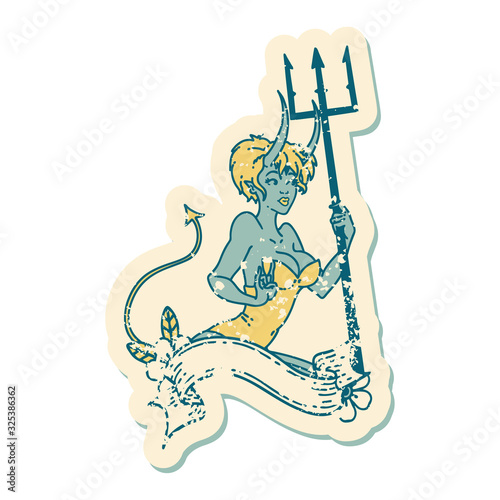 distressed sticker tattoo style icon  of a pinup devil girl with banner