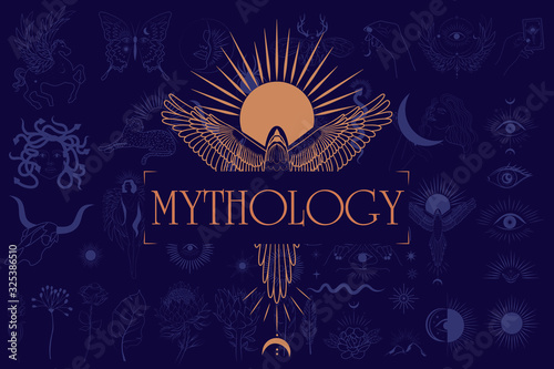 Mythology and mystical poster illustrations in hand drawn style with sun and phoenix, mythical creature, esoteric and boho objects. Editable Vector Illustration photo