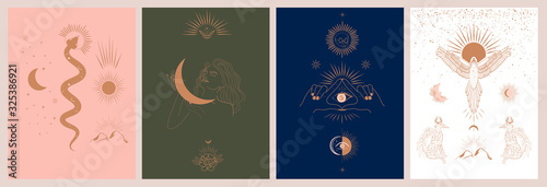 Collection of mythology and mystical illustrations in hand drawn style. fantasy animals, mythical creature, esoteric and boho objects, woman and moon, snake and evil eye. Vector Illustration photo