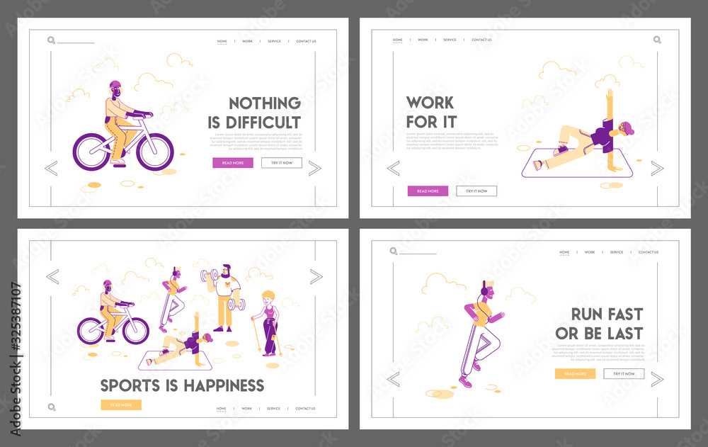 People Healthy Lifestyle and Sport Activity Website Landing Page Set. Male Female Characters Biking Sport, Fitness Exercising, Yoga, Running Web Page Banner. Cartoon Flat Vector Illustration, Line Art