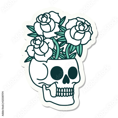 tattoo style sticker of a skull and roses