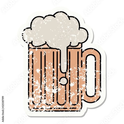 traditional distressed sticker tattoo of a beer tankard