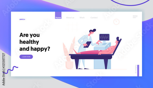 Healthcare, Medicine Website Landing Page. Doctor Scanning Man with Ultrasound Diagnostic Machine. Patient on Couch in Chamber with Special Scanner Web Page Banner. Cartoon Flat Vector Illustration