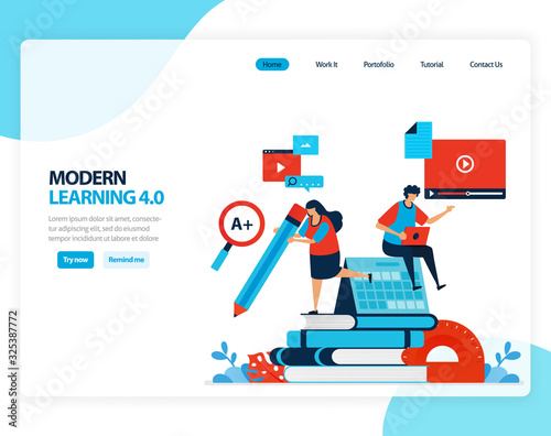 Vector illustration of modern learning 4.0 . efficiency of digital education, learning, schooling. Flat cartoon for landing page, template, ui ux, web, website, mobile app, banner, flyer, brochure