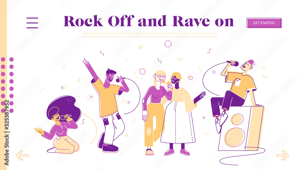 People Relax in Karaoke Club Website Landing Page. Male and Female Characters Singing Songs in Night Bar, Creative Recreation Activity, rest Web Page Banner. Cartoon Flat Vector Illustration Line Art People Relax in Karaoke Club Website Landing Page. Male and Female Characters Singing Songs in Night Bar, Creative Recreation Activity, rest Web Page Banner. Cartoon Flat Vector Illustration Line Art