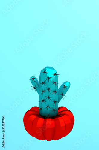One green blue cactus and a red tomato low poly style abstract 3D illustration with copy space