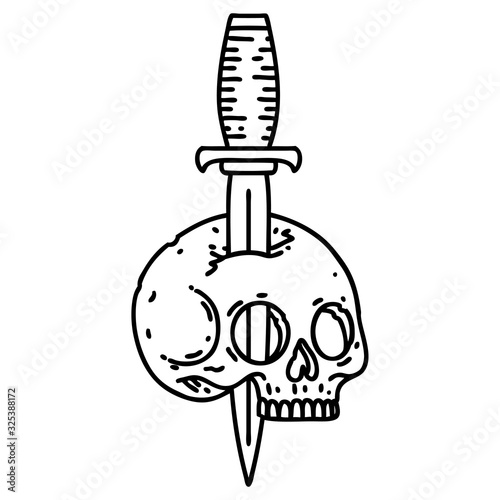 black line tattoo of a skull and dagger