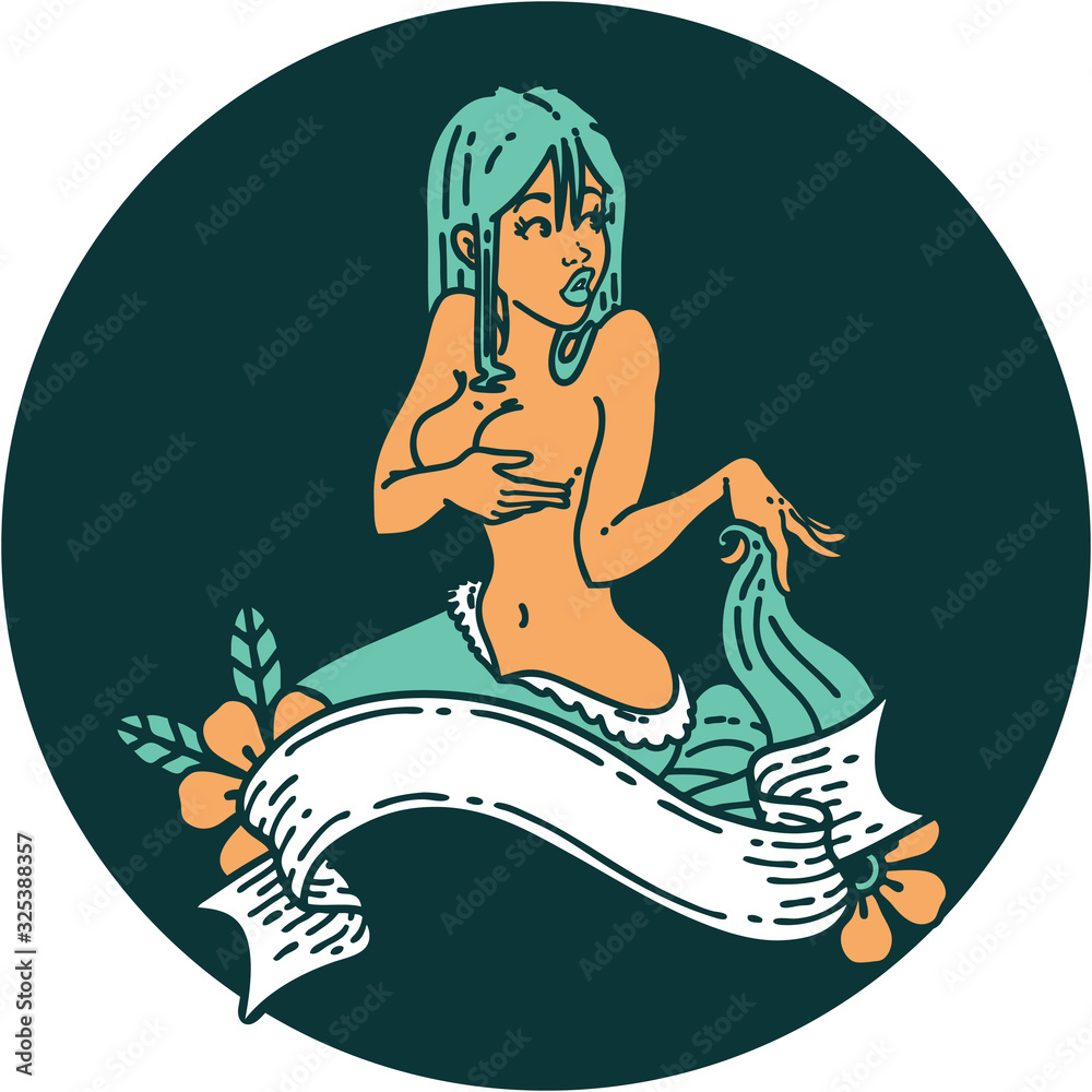 Plakat tattoo style icon of a pinup mermaid with banner