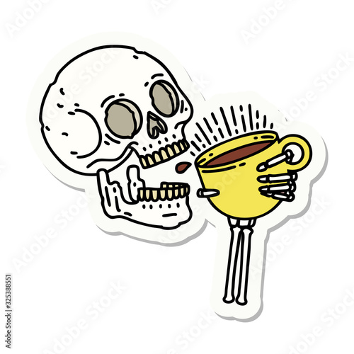 tattoo style sticker of a skull drinking coffee