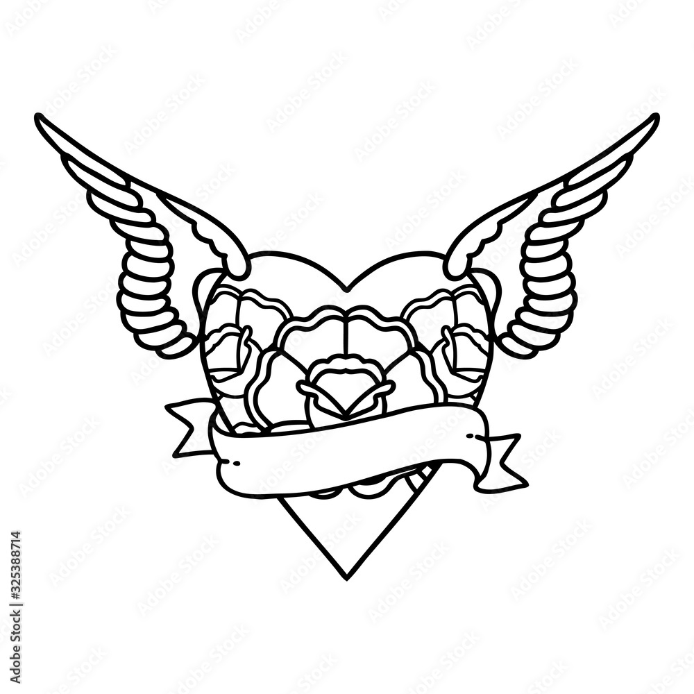 Fototapeta premium black line tattoo of a heart with wings flowers and banner