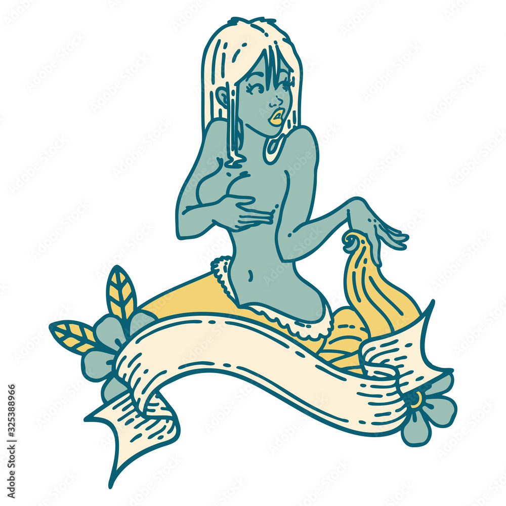 tattoo style icon of a pinup mermaid with banner
