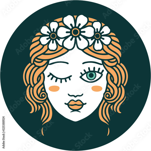 tattoo style icon of a maidens face winking