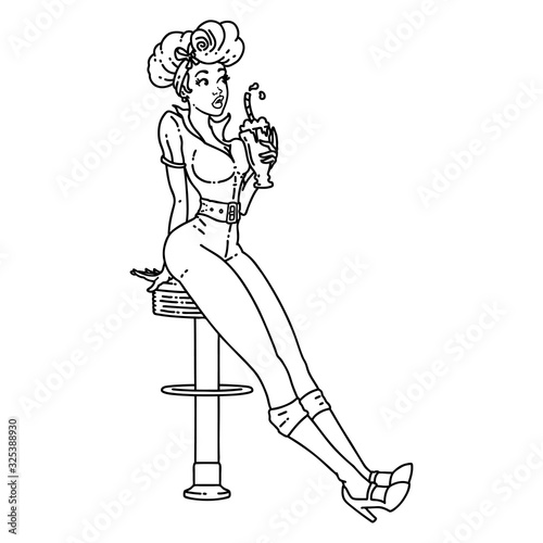 black line tattoo of a pinup girl drinking a milkshake