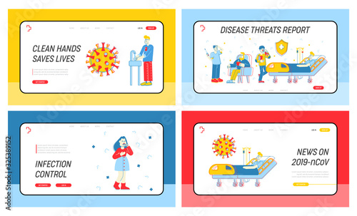 Coronavirus 2019-Ncov Contagious Website Landing Page Set. Symptoms and Prevention Method Wash Hands, Infection Control, Dangerous Virus Web Page Banner. Cartoon Flat Vector Illustration, Line Art