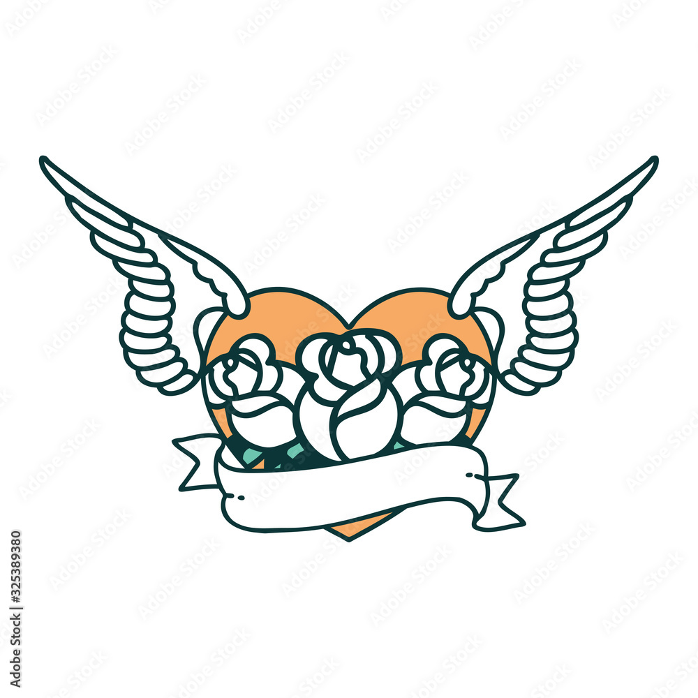 Fototapeta premium tattoo style icon of a flying heart with flowers and banner