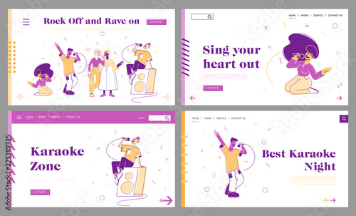 People Relaxing in Karaoke Club Corporate Party Leisure. Website Landing Page Set. Male and Female Characters Singing Songs Recreation Web Page Banner. Cartoon Flat Vector Illustration, Line Art