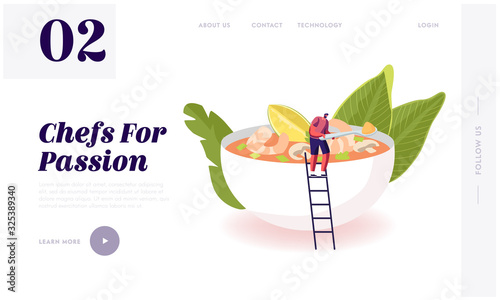 Thai Food, National Meal, Seafood Menu Website Landing Page. Tiny Man Stand on Ladder at Huge Bowl with Tom Yam Kung, Sour Soup with Shrimps and Lime Web Page Banner. Cartoon Flat Vector Illustration