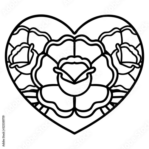 black line tattoo of a heart and flowers