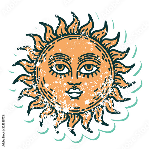 distressed sticker tattoo style icon of a sun with face © lineartestpilot