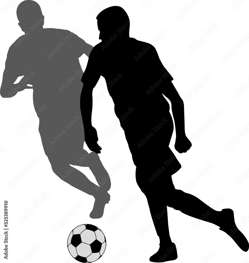 two soccer players kicking football in duel silhouette - vector