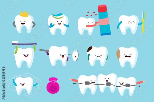 Teeth cartoon characters, set of isolated cute mascots for dental care hygiene vector illustration. Happy healthy tooth with toothbrush and paste, unhappy with caries. Children dentistry healthcare