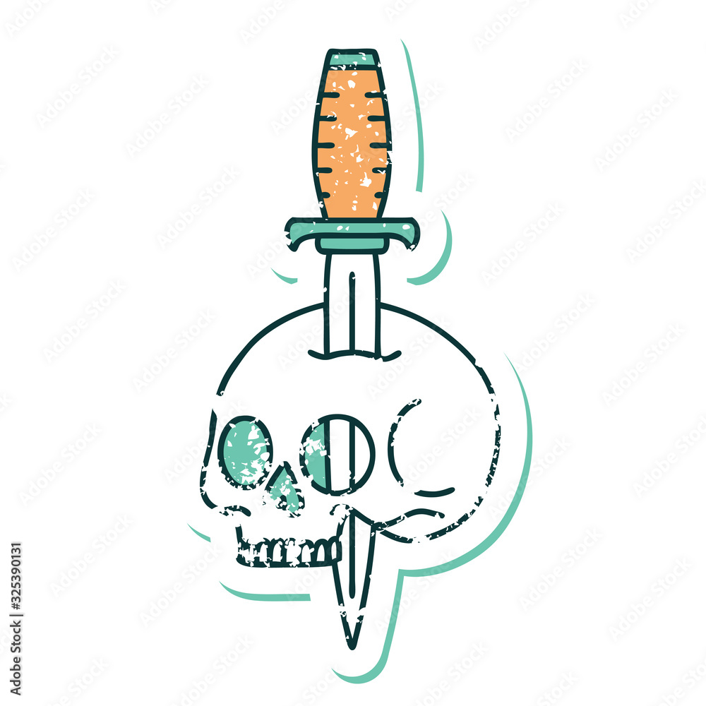 distressed sticker tattoo style icon of a skull and dagger distressed sticker tattoo style icon of a skull and dagger