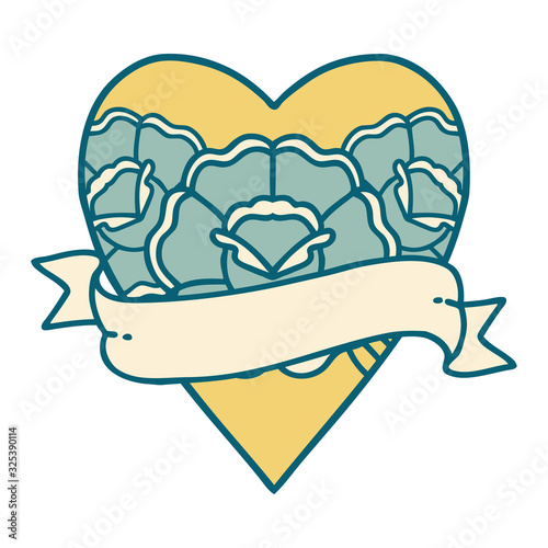 tattoo style icon of a heart and banner with flowers