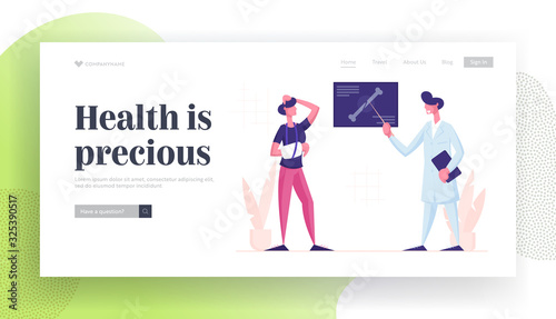 Medical Specialist Appointment Healthcare Website Landing Page. Doctor Traumatologist Show X-ray Picture with Limb Fracture to Patient with Broken Arm Web Page Banner. Cartoon Flat Vector Illustration