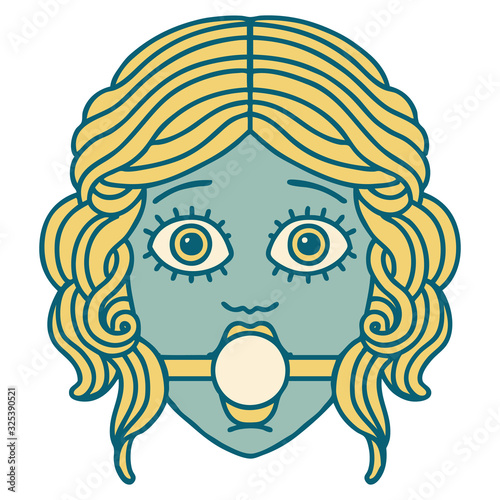 tattoo style icon of female face with ball gag