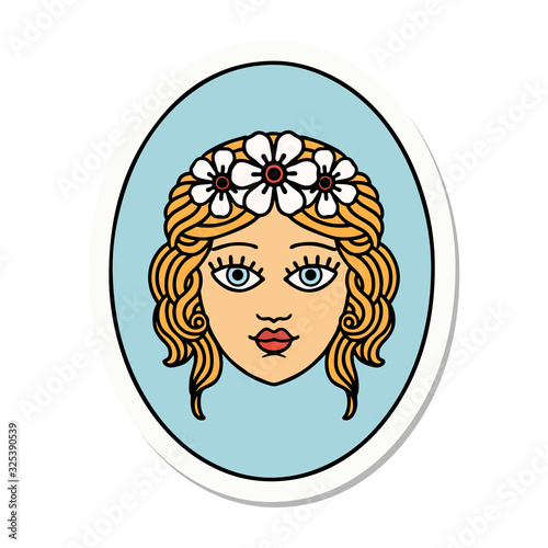 tattoo style sticker of a maiden with crown of flowers