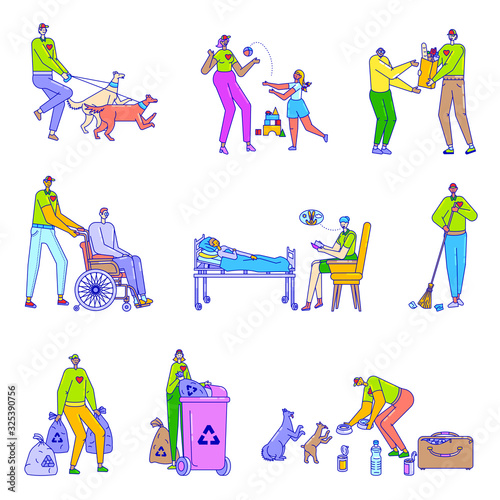 Volunteers helping line people, social service community cartoon characters, vector illustration. Set isolated on white, cheerful volunteers help disabled people and sick children, feed dogs, clean