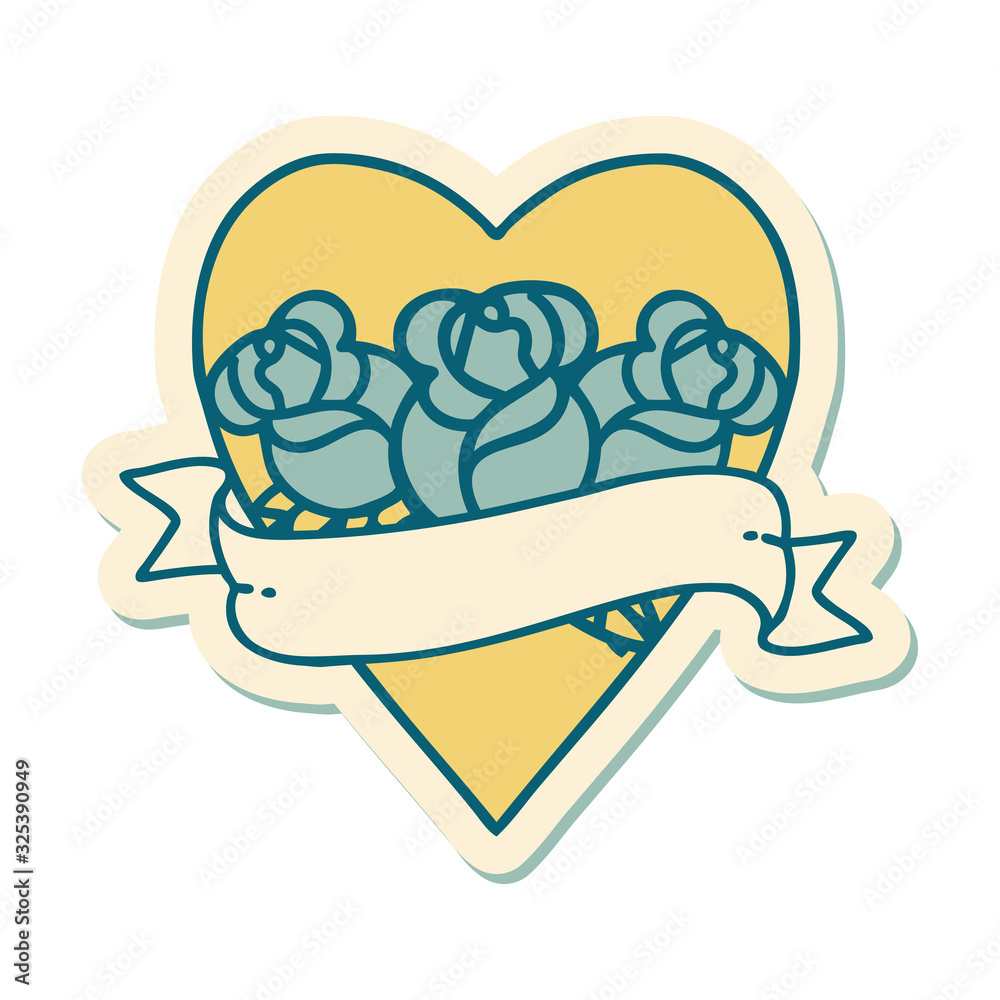 tattoo style sticker of a heart and banner with flowers tattoo style sticker of a heart and banner with flowers