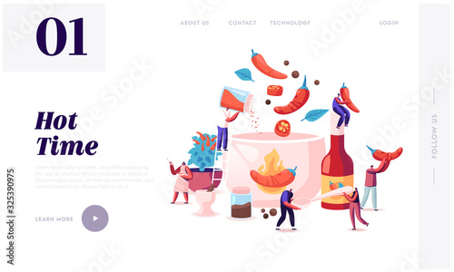 People Cooking Food with Hot Chili Website Landing Page. Tiny Characters Put Red and Black Chilli Pepper to Huge Boiling Sauce Pan Making Spicy Dish Web Page Banner. Cartoon Flat Vector Illustration