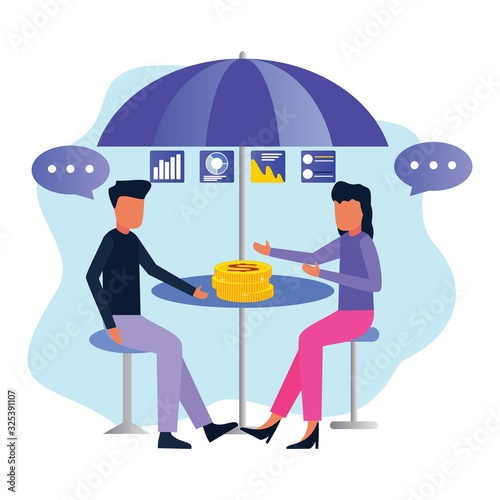 Men and girl entrepreneurs communicate and give advice to one another in the continuation of their business. Success in business, economic growth and happiness. Modern vector illustration