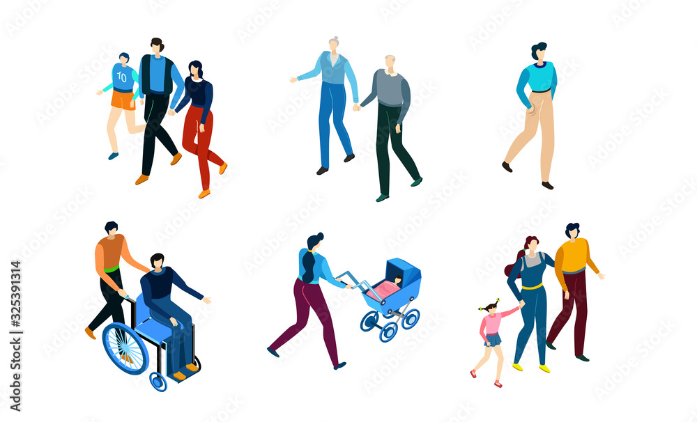 People walking, isometric cartoon characters, set isolated on white, vector illustration. Family parents and children, mother and baby, senior couple, disabled man wheelchair. Social diversity People walking, isometric cartoon characters, set isolated on white, vector illustration. Family parents and children, mother and baby, senior couple, disabled man wheelchair. Social diversity