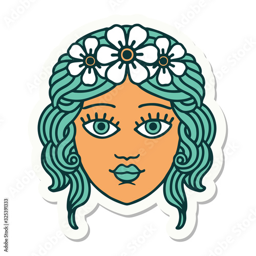 tattoo style sticker of female face with crown of flowers