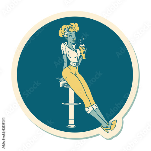 tattoo style sticker of a pinup girl drinking a milkshake
